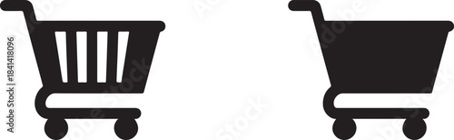 Two black shopping cart icons, one with a slatted basket and the other solid, on a white background
