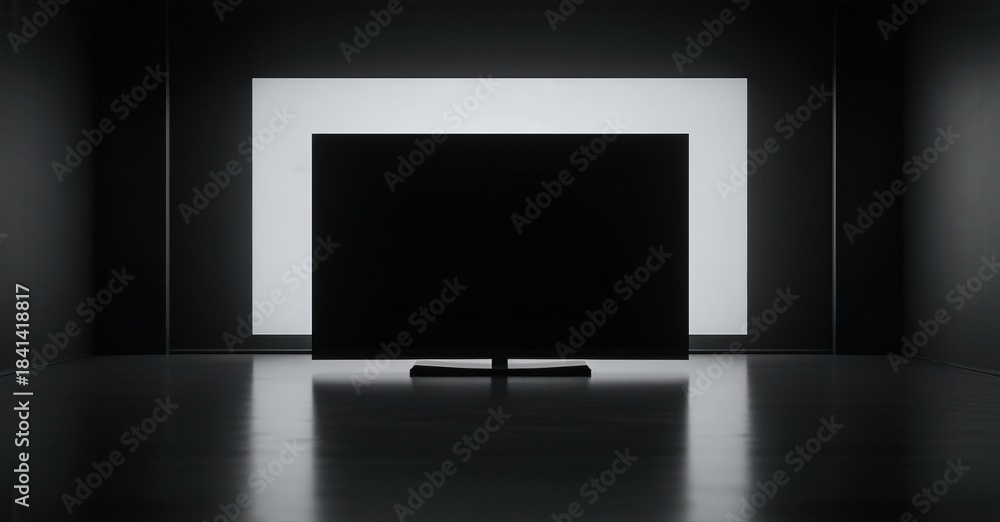 Fototapeta premium Minimalist scene. Dark room features illuminated rectangle framing black television. Reflective floor adds depth, creating dramatic effect.