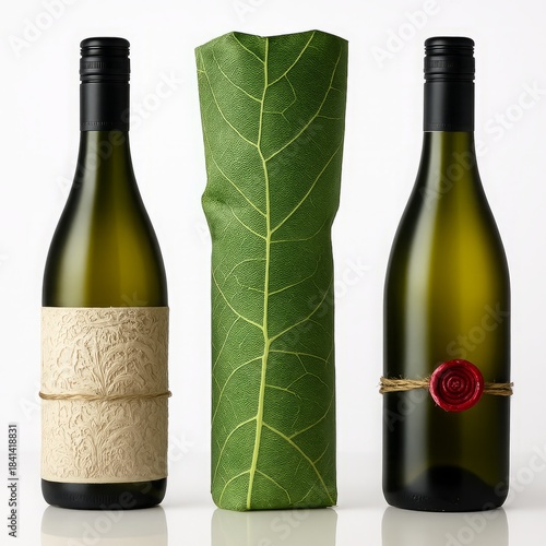 Three wine bottles featuring creative packaging designs including embossed paper leaf texture and wax seal
