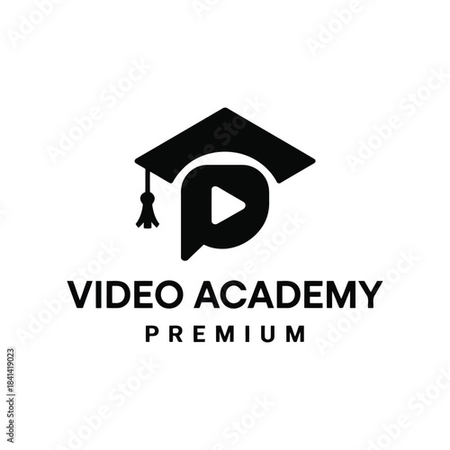 Sleek abstract logo combining a graduation cap with a play button, symbolizing a modern online video academy for digital education and learning