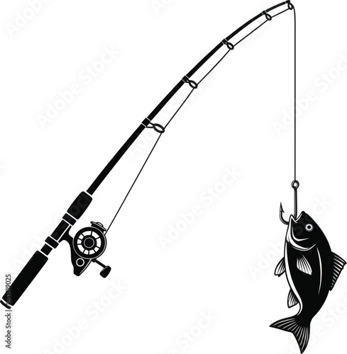 Fishing rod with hooked fish silhouette illustration