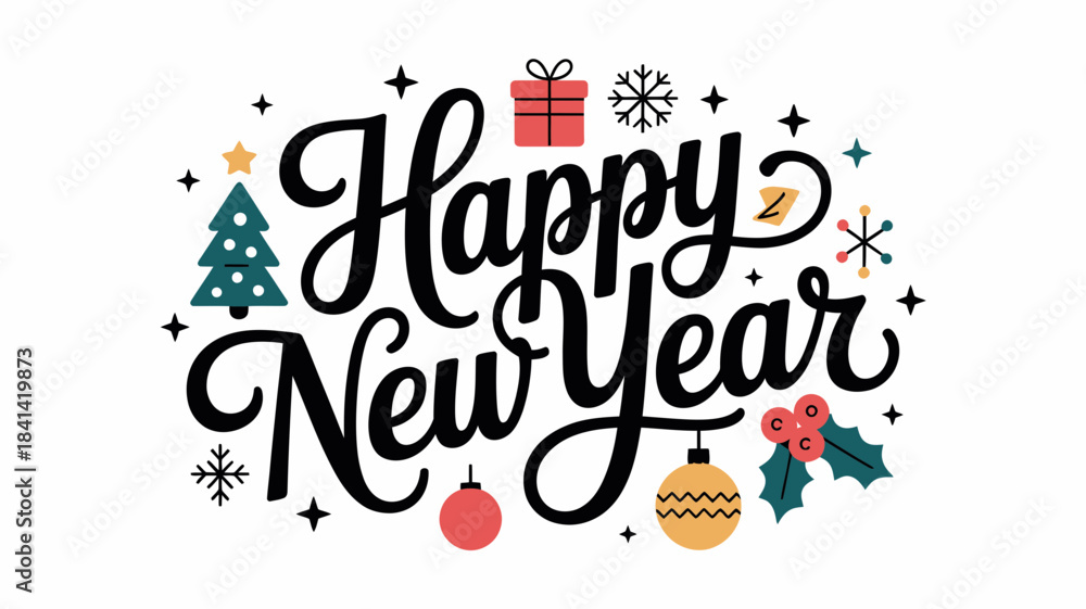 Fototapeta premium Happy New Year Celebration Text with Christmas Decorations