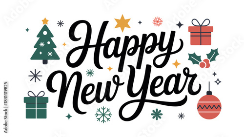 Happy New Year Celebration Text with Christmas Tree and Gifts