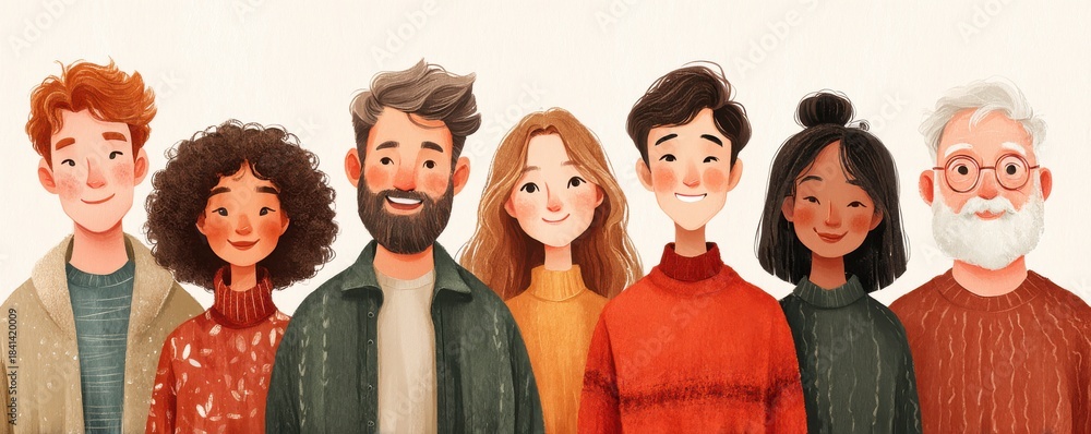 Obraz premium Group of diverse, smiling people standing together, showcasing friendship, unity, and warmth