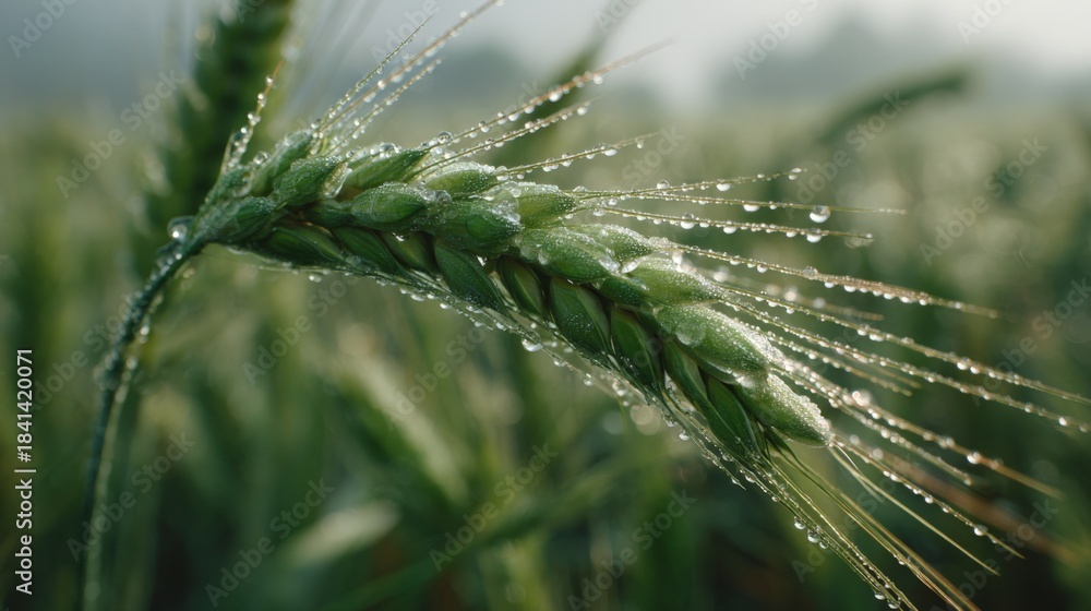 Fototapeta premium Fresh Wheat Ear with Dew Drops Glistening in Morning Light, Agriculture and Harvest Close-Up