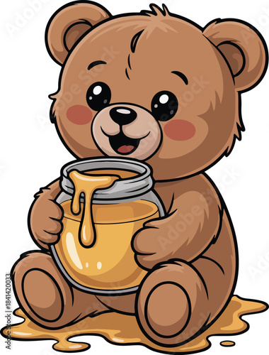 Cute brown teddy bear vector illustration holding a jar of golden honey with sweet drips