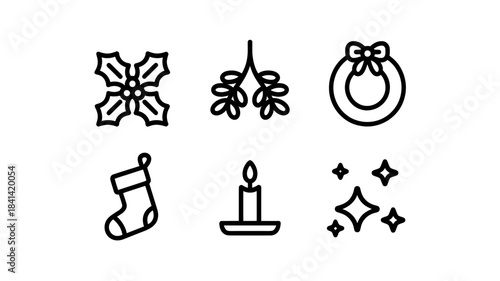 Collection of Christmas icons including holly mistletoe wreath stocking candle and sparkles in a simple outline style for holiday design
