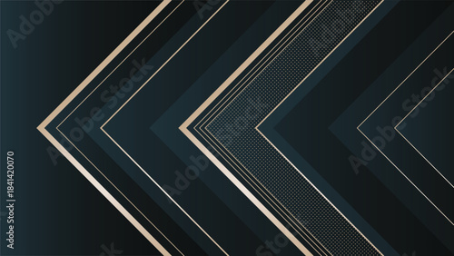 Elegant dark geometric background featuring gold lines, layered arrow shapes and subtle halftone accents. Ideal for luxury branding, business designs, posters, covers and premium layouts.
