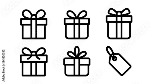 Collection of simple gift box icons with bows and a price tag minimalist vector graphics for holiday sales and promotions isolated on white