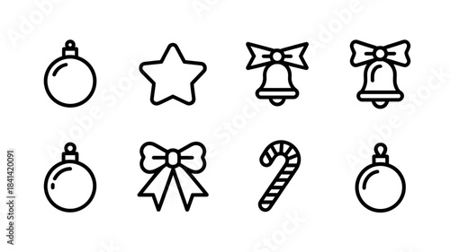 Set of Christmas icons simple line art vector elements for holiday design including ornaments bows bells and candy canes isolated on white