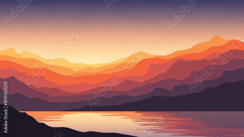 A stunning digital art showcases layered mountains, lake reflecting, bathed in the warm, dreamy hues of a sunset. This scene depicts natural beauty and tranquility.