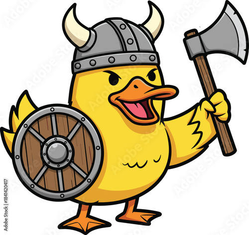 Cartoon Viking duck, horned helmet, battle axe, round shield, fierce expression, warrior pose, humorous mascot, flat vector illustration