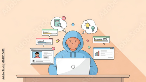 A digital professional working on a laptop, surrounded by thought bubbles containing icons and charts. This image could represent creative process and business strategies.