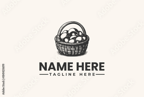 Black and white illustration of a wicker basket filled with eggs and customizable text on a beige background for a logo or branding template.