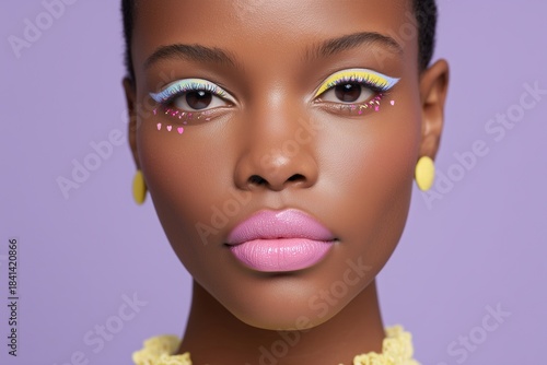 Avant-Garde Valentine’s Makeup with Dual-Tone Lips and Heart Freckles on Pastel Backdrop