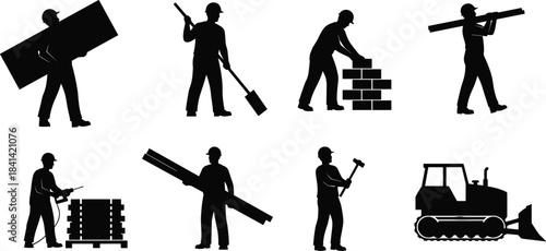 Construction, workers, silhouette, labor, tools, building, black and white, shovel, hammer, pallet, beams, bricks, vehicle, site, equipment, motion, posture, graphic, icon, flat vector illustration