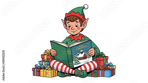 A charming cartoon of a Christmas elf reading a book surrounded by gifts