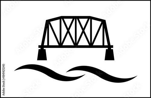 Iconic truss bridge silhouette stands sturdily above flowing river waves silhouette
