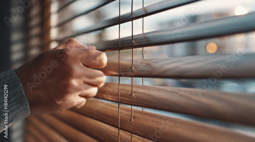 Medium shot showcasing wooden blinds with smooth finishing being adjusted by hand emphasizing texture and warm tones in a modern office space.