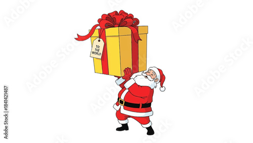 Santa Claus happily carrying a giant gift box with a red ribbon on his shoulders
