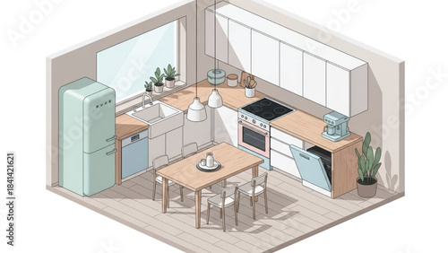 A bright, clean kitchen, a minimalist and modern design. The isometric view offers a comprehensive look at the functionality and style, from the refrigerator to the dining table.