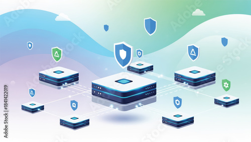 Digital fortress: Futuristic data server network secured with virtual shields, embodying the essence of robust digital security.