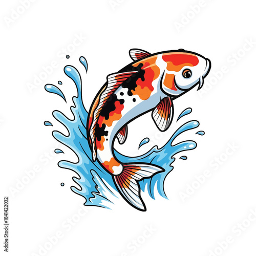A vibrant koi fish leaping out of water with dynamic movement. The fish exhibits a colorful pattern while water splashes and creates visual interest isolated on a transparent background