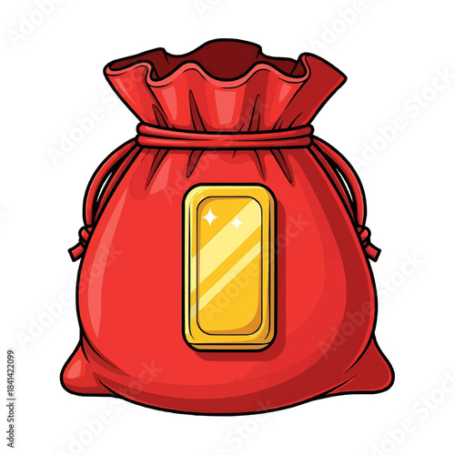 A red sack containing a golden bar. The image shows the red bag and a gold bar isolated on a transparent background