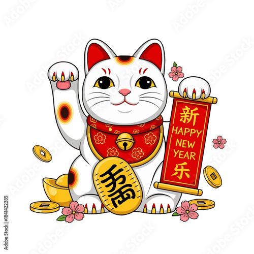 A lucky cat statue holding a scroll and surrounded by gold coins, representing wealth and prosperity isolated on a transparent background