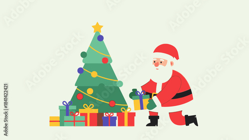 Cartoon Santa Claus putting a gift under a decorated Christmas tree with colorful presents on Christmas Day in a flat illustration style with a joyful mood.