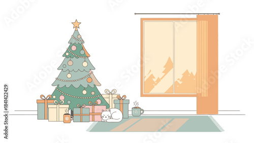 Illustration of a decorated Christmas tree with presents on a rug beside a curtained window on Christmas Day in a cozy interior with warm tones.