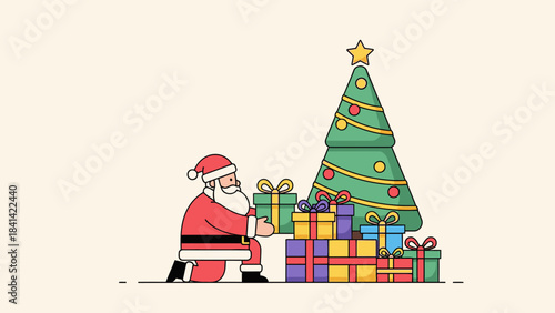Illustration of Santa Claus sitting beside a decorated Christmas tree and colorful presents on Christmas Day with a festive mood.