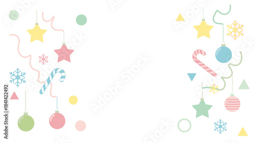 Colorful Christmas decorations hanging from ribbons on a white background, featuring ornaments, stars, candy canes, and snowflakes to celebrate Christmas Day with a festive mood.