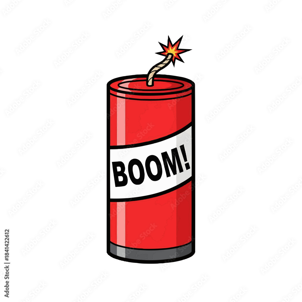 Obraz premium A cartoon illustration of a single dynamite stick with the word BOOM! on it. The dynamite is red with a white label and a lit fuse. isolated on a transparent background