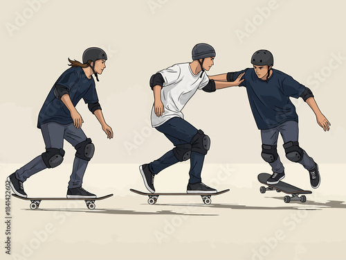Young skateboarders practicing tricks and maneuvers on skateboards with protective gear