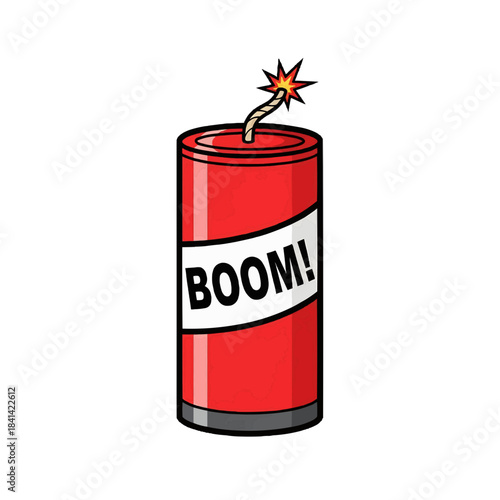 A cartoon illustration of a single dynamite stick with the word BOOM! on it. The dynamite is red with a white label and a lit fuse. isolated on a transparent background