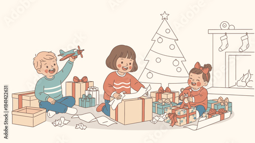 Three children sitting on the floor opening gifts on Christmas Day with a decorated tree and fireplace in the background.