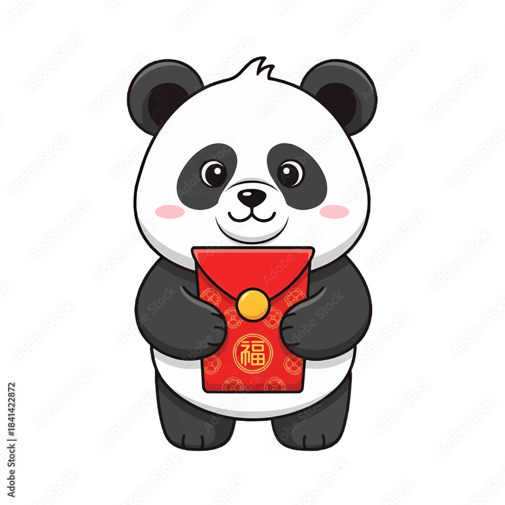 Fototapeta premium Cute panda holding a red envelope. The panda has a classic black and white coat and big eyes, and holding red packet isolated on a transparent background