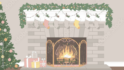 A cozy living room scene with a lit fireplace decorated with Christmas stockings and a tree on Christmas Day with gifts.