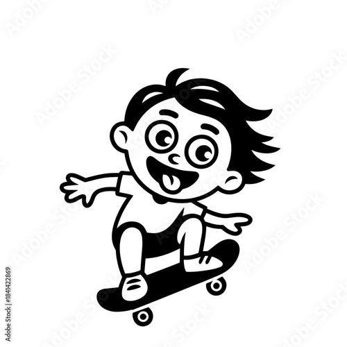 Stylish young skater jumping, skating Skateboard. Teenagers street culture entertainment. Skateboarding guy Hand-drawn outline contour silhouette. Can be used as tatoo, t-shirt. Vector illustration.