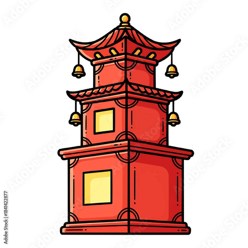 A vibrant red pagoda with golden bells and ornate roof details, representing traditional East Asian architecture isolated on a transparent background