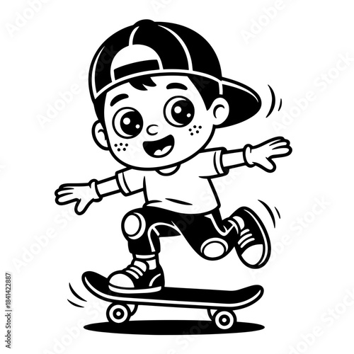 Stylish young skater jumping, skating Skateboard. Teenagers street culture entertainment. Skateboarding guy Hand-drawn outline contour silhouette. Can be used as tatoo, t-shirt. Vector illustration.