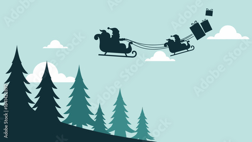 A festive silhouette of Santa's sleigh and reindeer flying over a snowy forest on Christmas Day with a serene winter landscape.