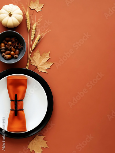 Autumnal table setting with pumpkins wheat and fall foliage decorations