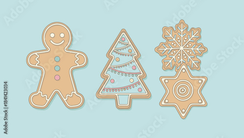 Colorful Christmas cookies, including a gingerbread man, tree, and snowflake, arranged on a light blue background, conveying a festive holiday mood with sweet treats.