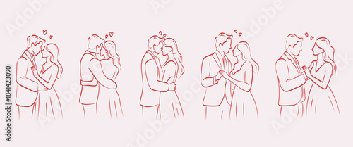 Charming newlyweds, couple elements set. Italian concept hand drawn in coquette line art. Vintage vector illustration for invitations, cards, greetings. 
