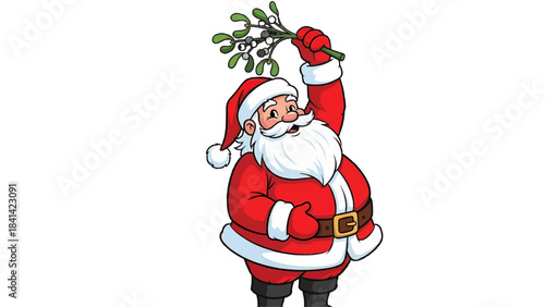 Santa Claus holding a mistletoe branch, spreading holiday cheer and love isolated on a transparent background