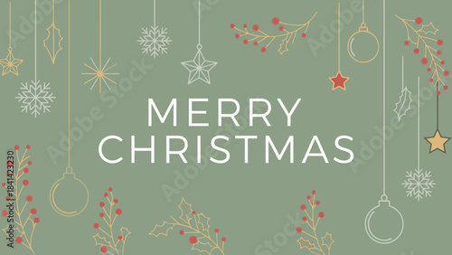 Festive Christmas Day greeting card with hanging ornaments, stars, and snowflakes on a muted green background, conveying a joyful holiday mood with white text reading 'Merry Christmas'.