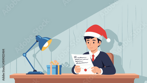 A man in a Santa hat reads a letter at a desk with a lamp and gifts on a brown surface in a room with a light blue wall on Christmas Day.