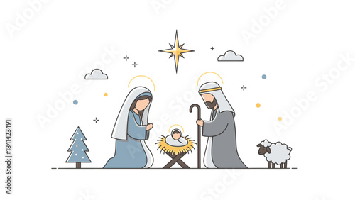 Illustration of Mary, Joseph, and baby Jesus with a Christmas tree and sheep under a starry sky on Christmas Day.